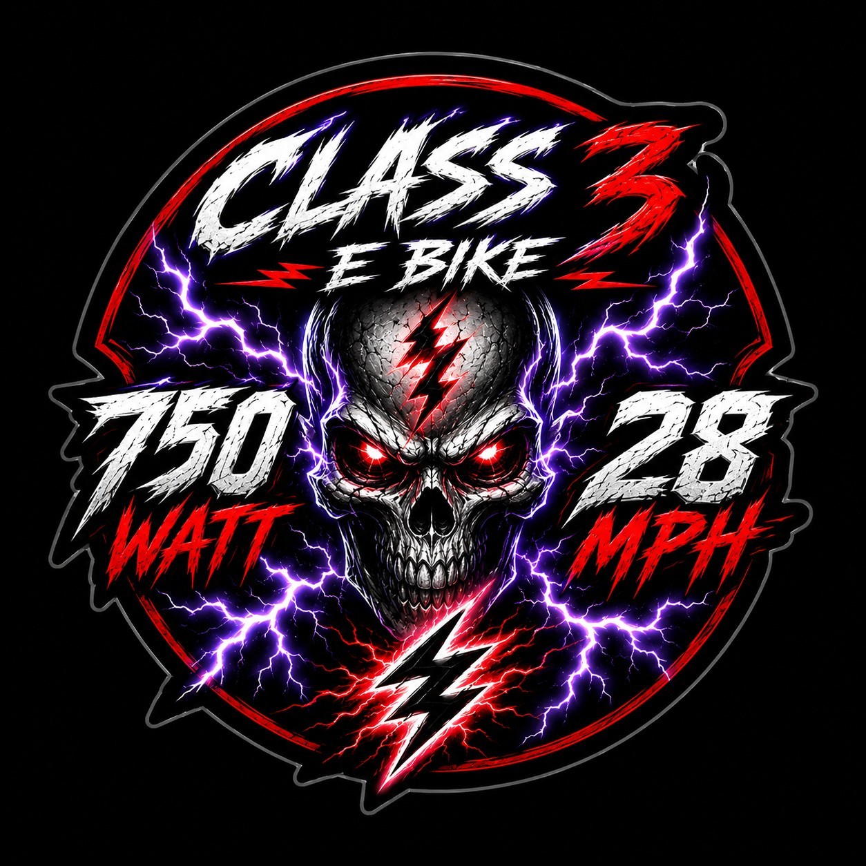 Class 3 Ebike 750W 28 MPH Skull Lightning Round Decal Sticker 1.5 in