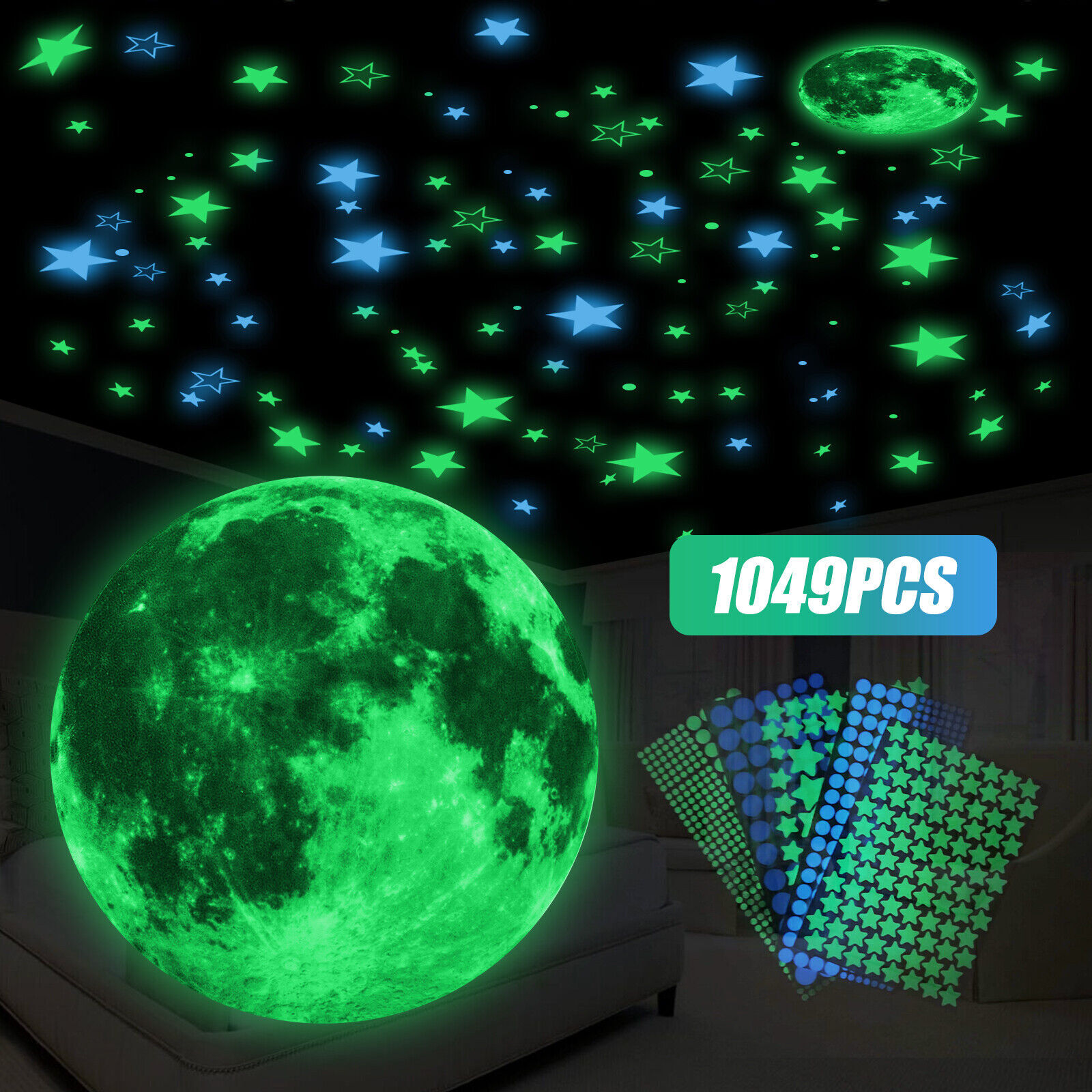 1049 Glow In The Dark Wall Sticker Stars Moon Luminous Kid Bedroom Ceiling Decal