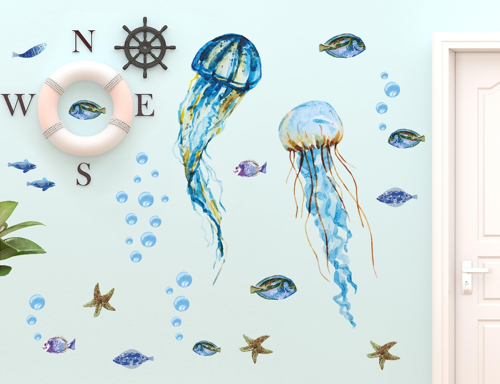 Creative Watercolor Blue Jellyfish Wall Decals Under The Sea Fish Animals Wal…