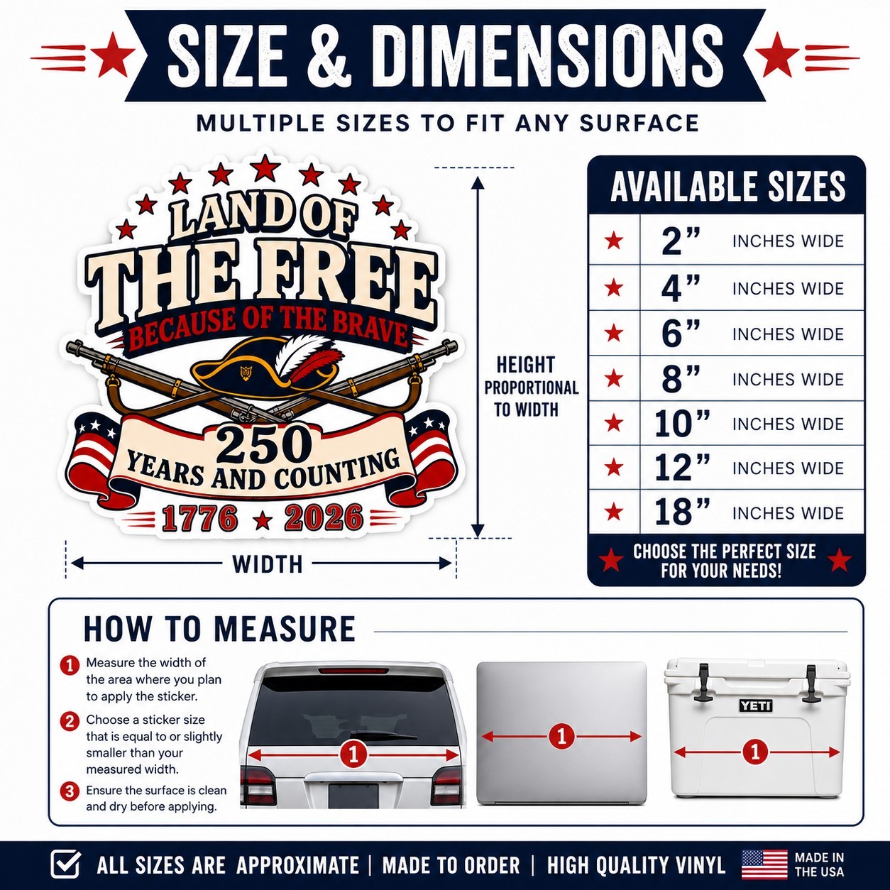 America 250 Sticker Land Of The Free 1776 2026 Patriotic Vinyl Decal USA Truck