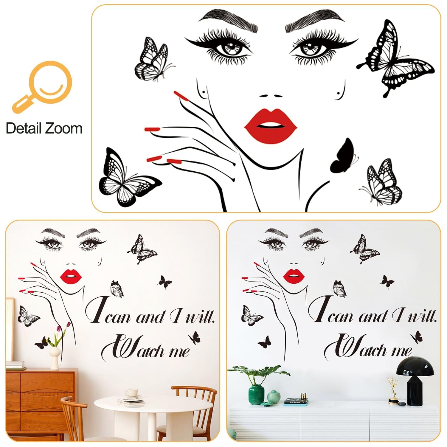3D Inspirational Quotes Wall Decals Removable DIY Red Lips Girl and Motivatio…