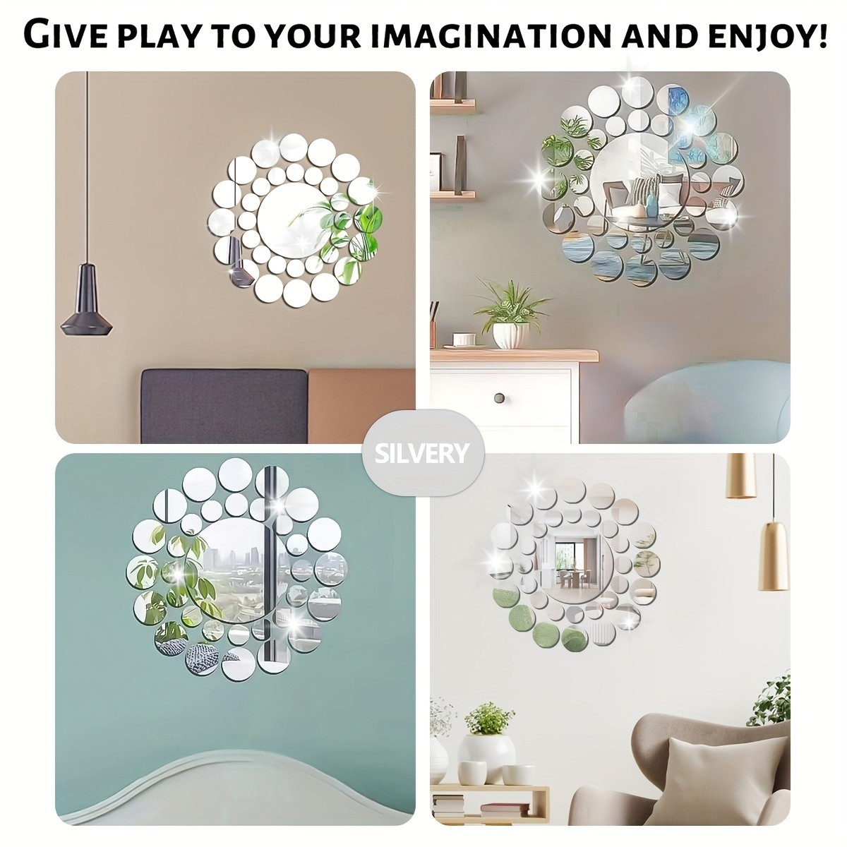 33Pcs/set Round Mirror Wall Stickers Silver Gold Living Room Background Wall