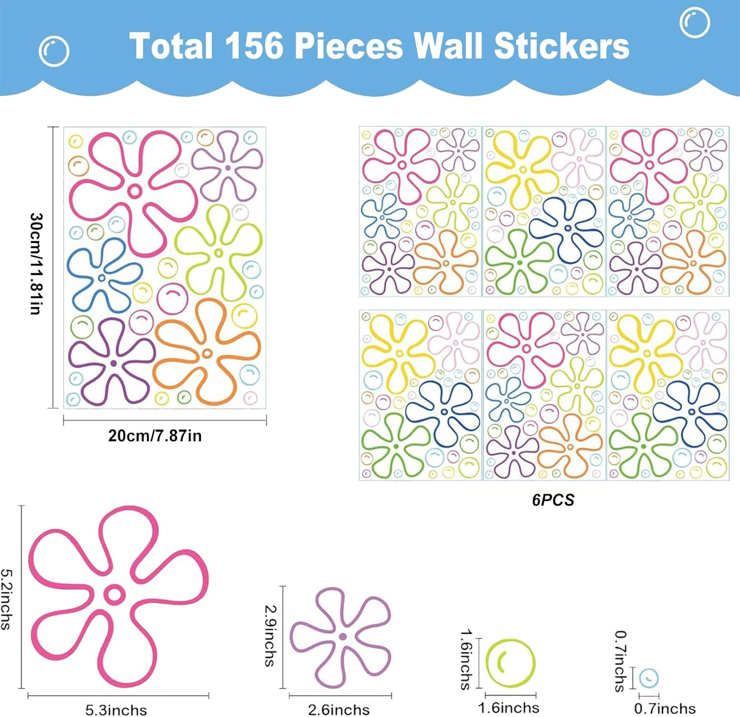 156PCS under the Sea Wall Decals – Colorful Bubble & Flower Stickers for Kids Ro