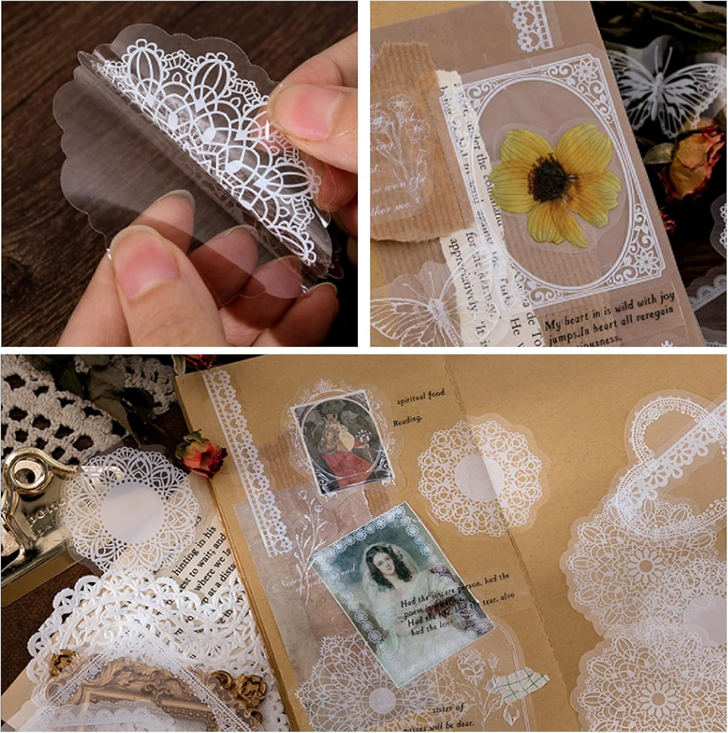 90 Pcs Transparent Lace Stickers,Pet Vintage Decorative DIY Decals White Retro A