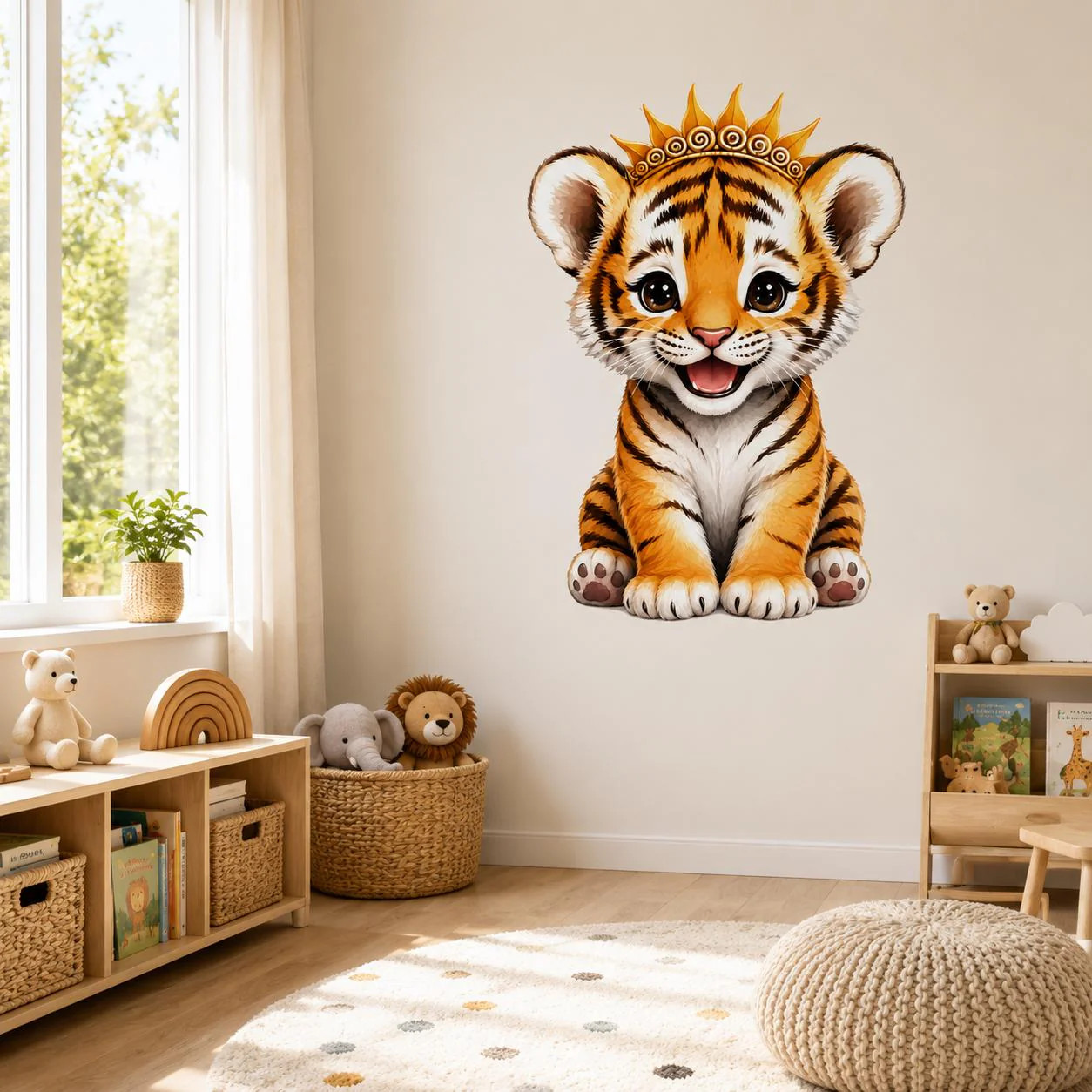 Cute Tiger Cub Wall Vinyl Decal | Baby Tiger With Crown Sticker