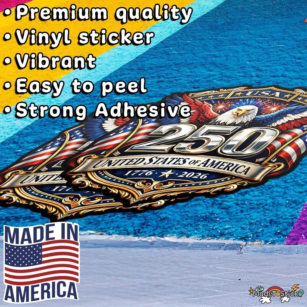 USA 250th Anniversary 1776-2026 Eagle Patriotic 2-Pack Vinyl Sticker Decal 5"x5"