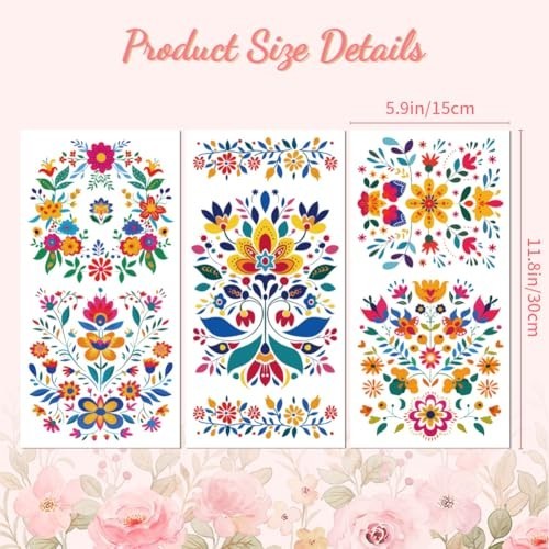 Mexican Folk Art Flowers Rub on Transfer Decal Stickers for Furniture Craft 3Pcs