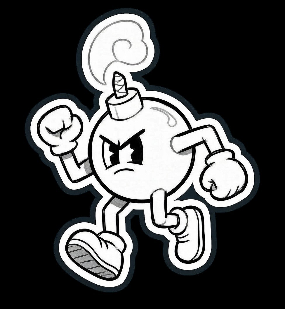 Cartoon Bomb Graphic Sticker – Red White Black Bomber Man 3×3