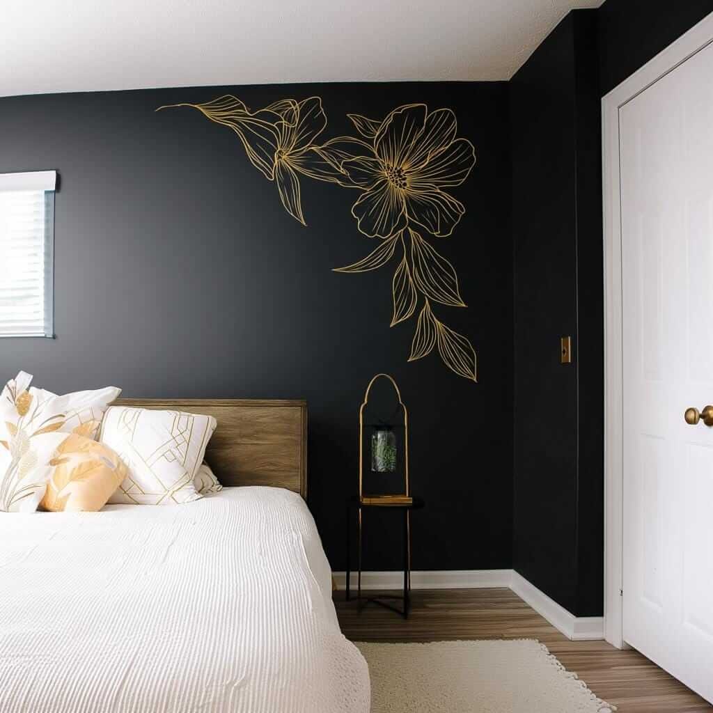 Gold Floral Corner Wall Decal | Minimalist Line Art Flower Wall Sticker