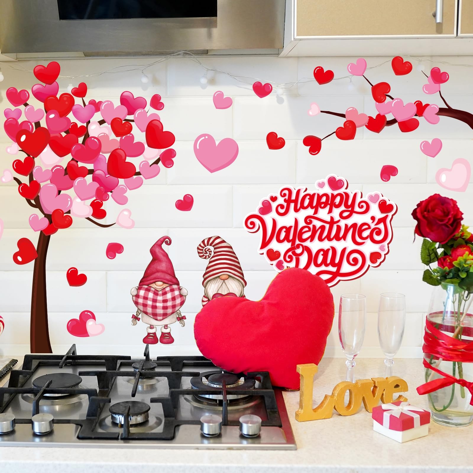 35.4 x 11.8 Inch Valentine's Day Heart Tree Wall Stickers Pink Red Gnome Truck L