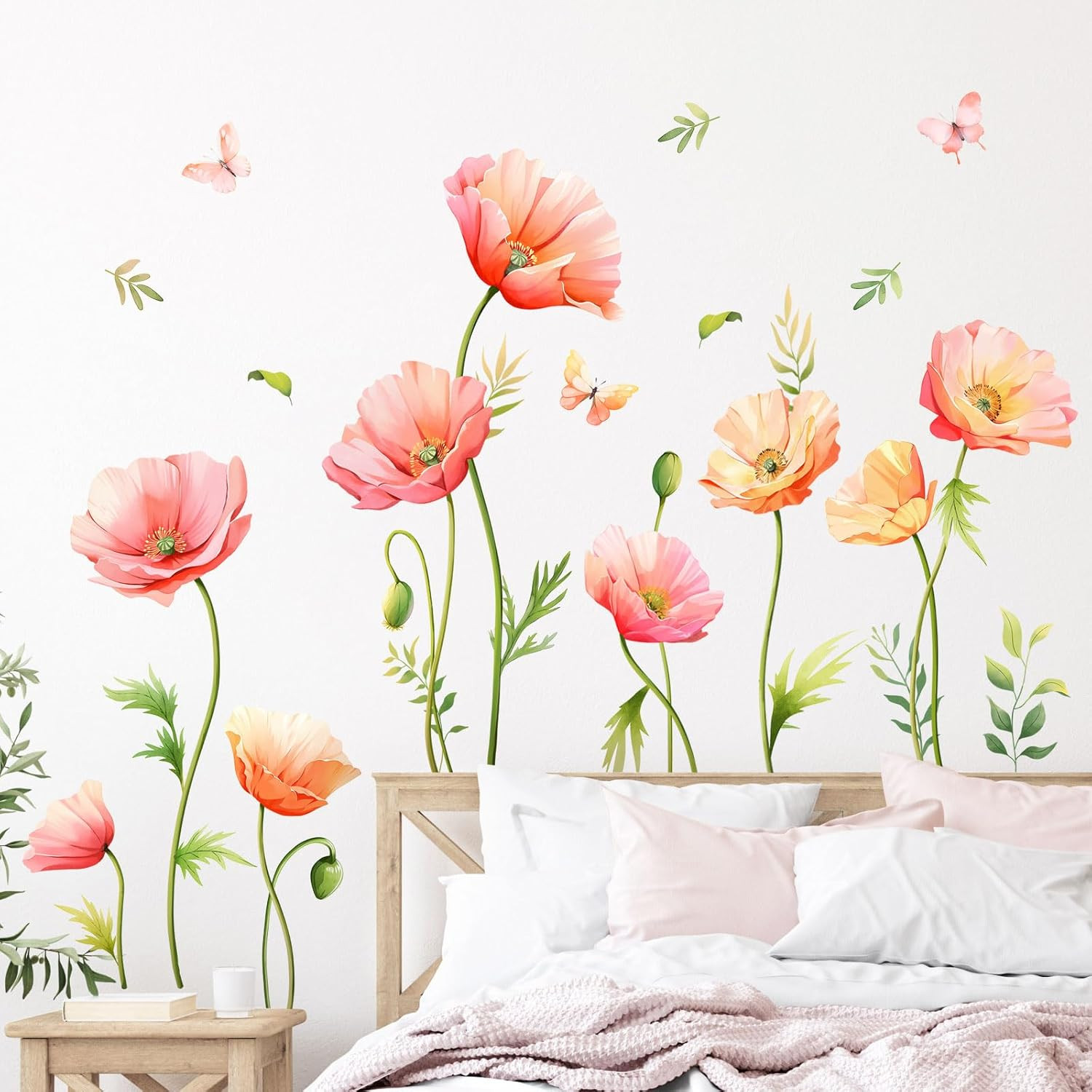 Large Pink Floral Wall Decals Poppy Flower Butterfly Multi-colored