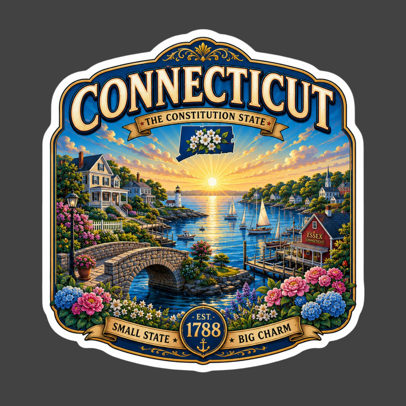 Connecticut Sticker Vinyl Decal New England Harbor Coastal Travel Souvenir