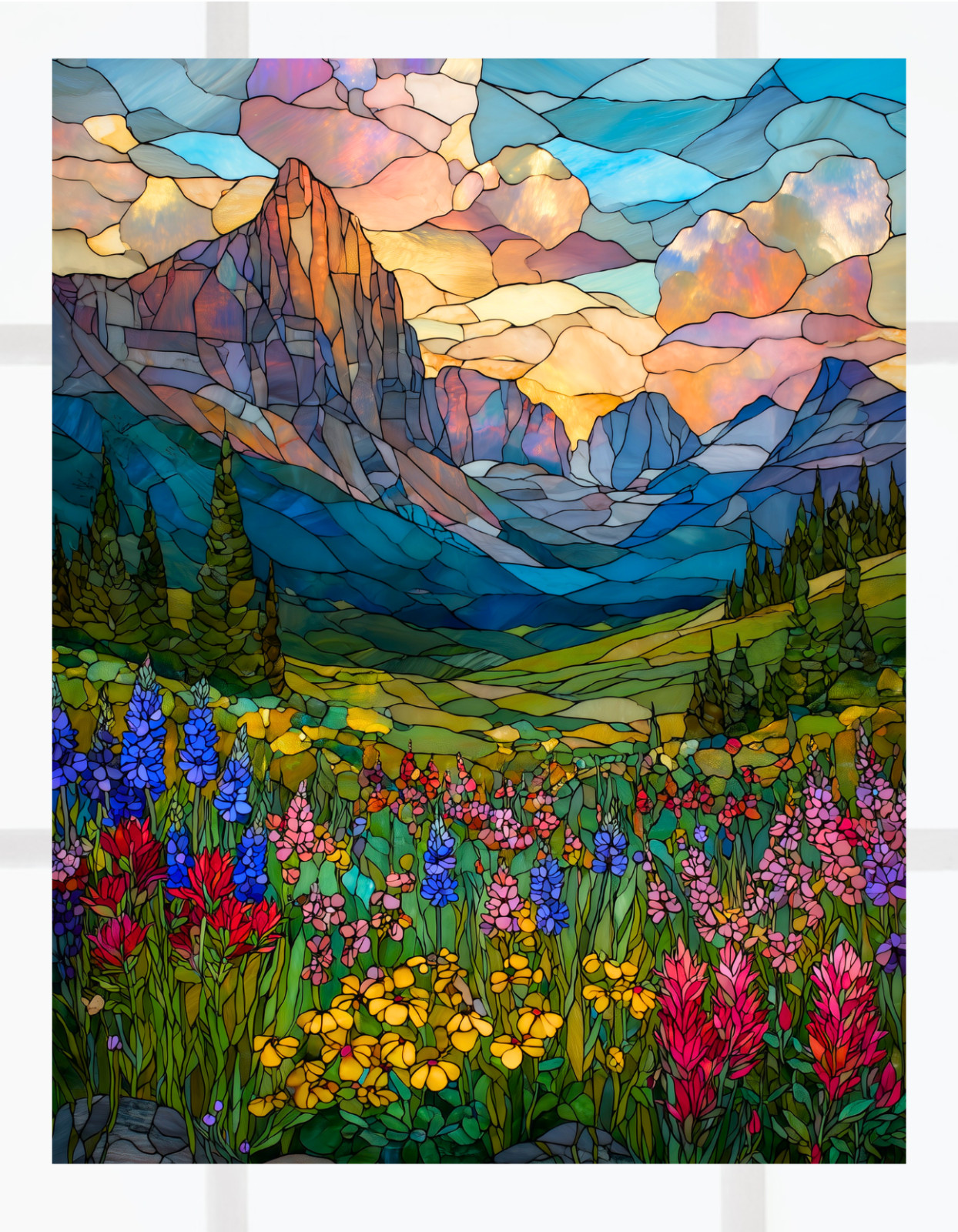 Wildflower Meadow Faux Stained-Glass WINDOW CLING Size 10.3" Vinyl