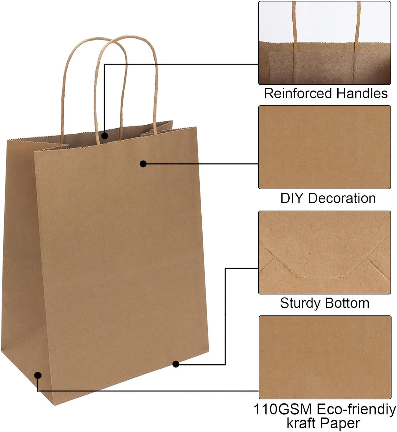 200 Pack 8×4.75×10 Inch Medium Brown Paper Bags with Handles Bulk, Joybe Kraft P