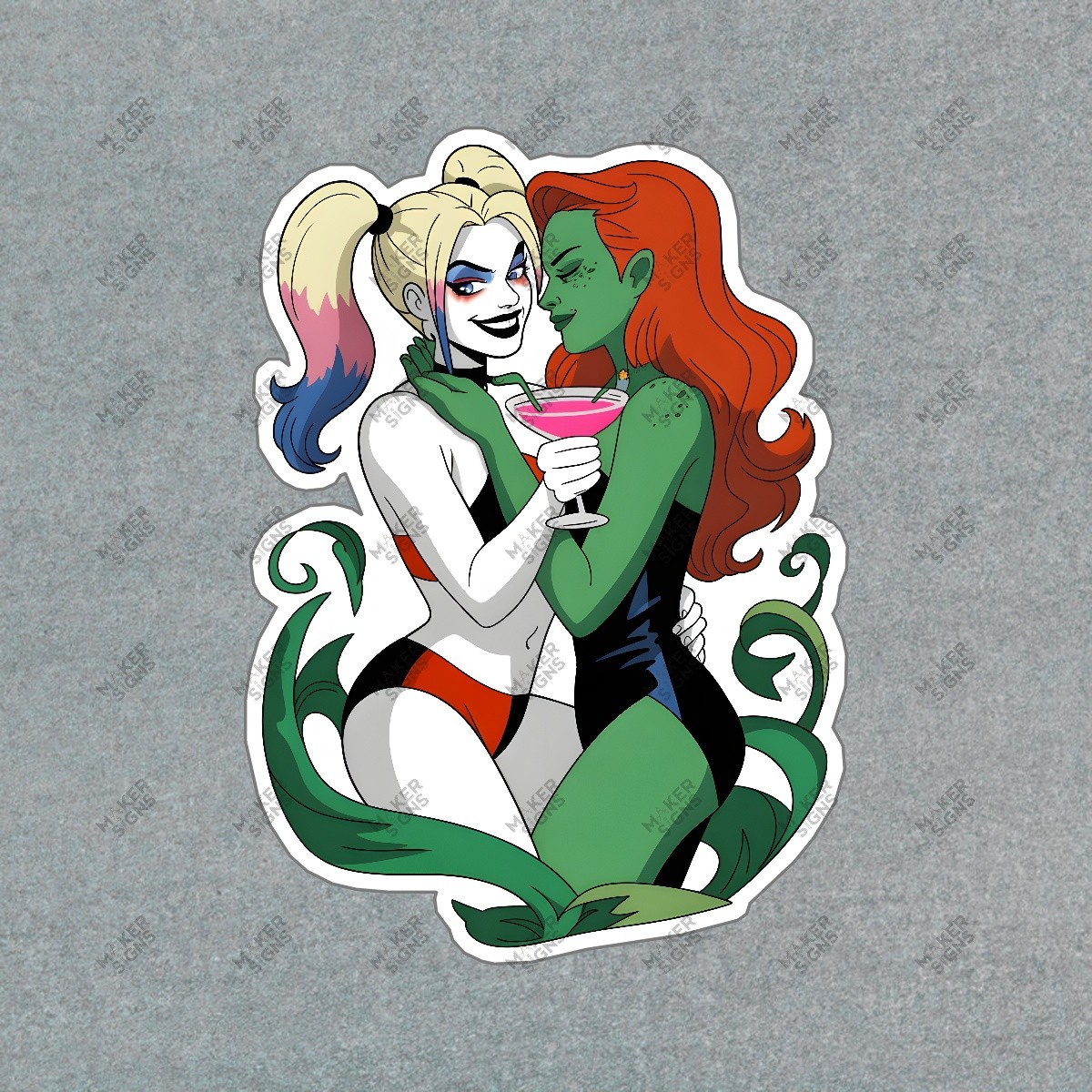 Harley Quinn & Poison Ivy Animated Art Sign Playful Couple DC Comics #7832