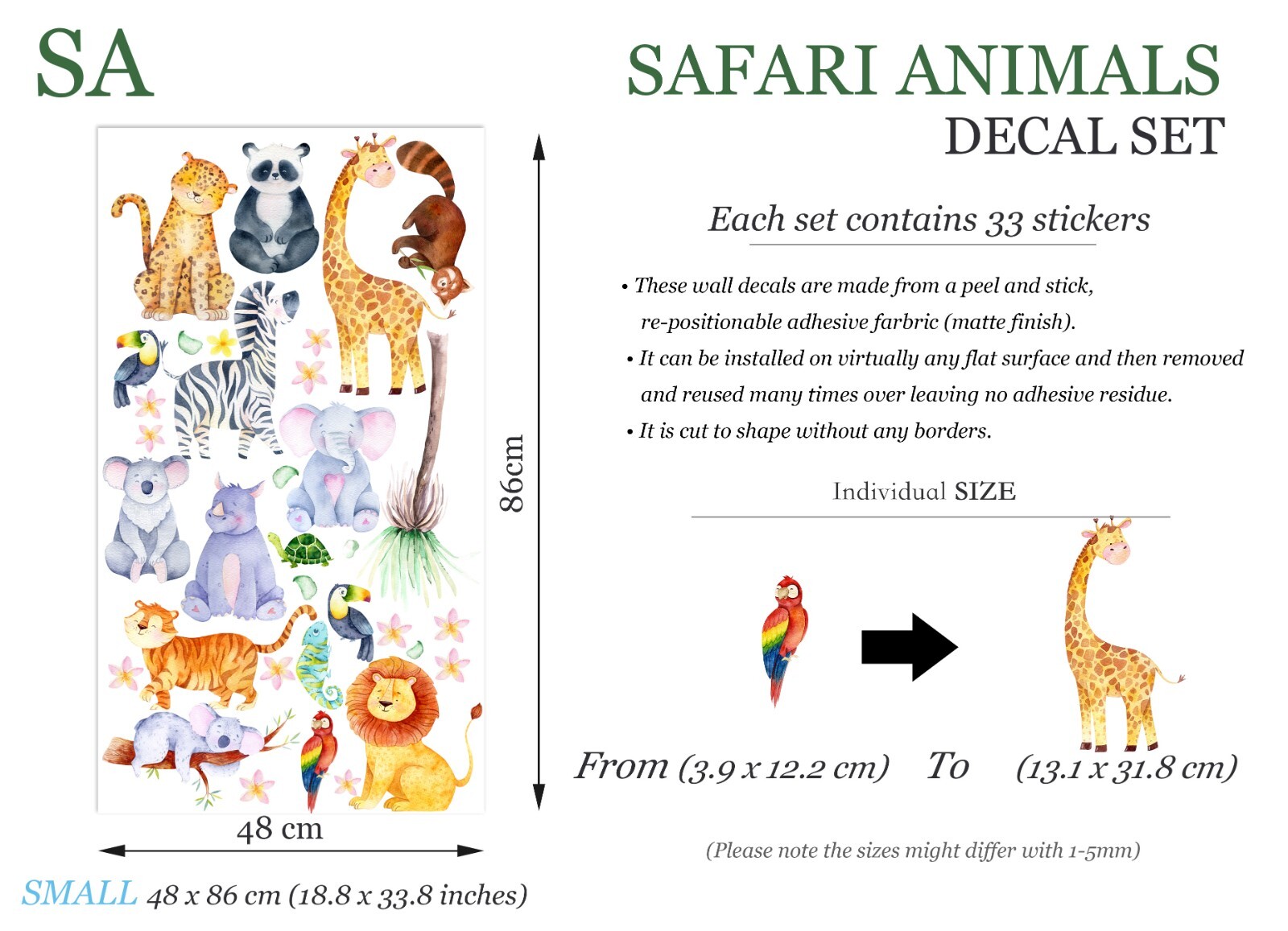 Safari African Animals Giraffe Lion Zebra Tiger Koala Jungle nursery wall decal