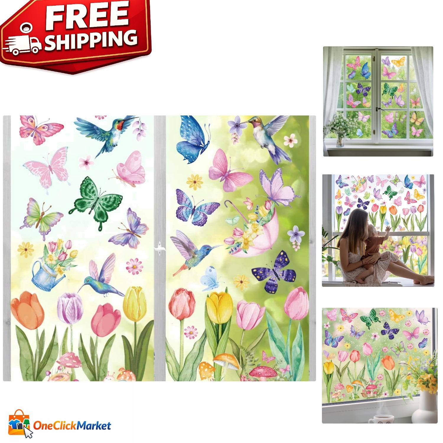 Spring Window Cling Sticker – 83PCS Tulip Butterfly Flower Hummingbirds Windo…