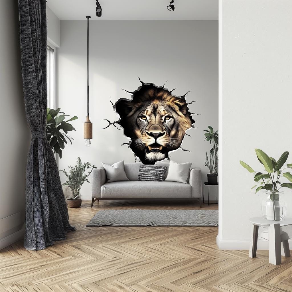 Lion Wall Decal | 3D Breakthrough Lion Head Sticker