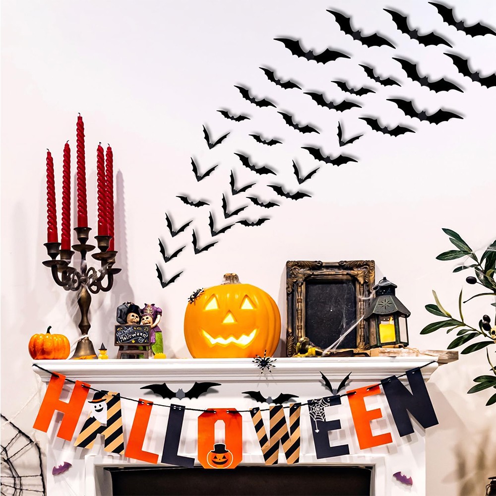 60PCS 3D Bats Scary Stickers Halloween Decoration Realistic PVC Home Party Decor