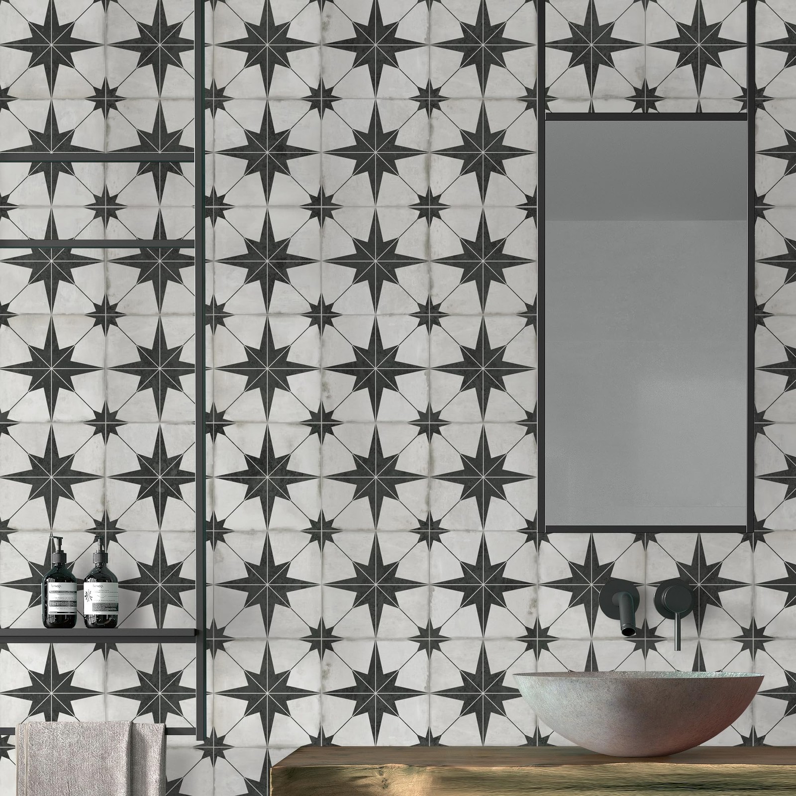Encaustic Peel and Stick Backsplash, Black Star Patterned Vintage Stick on Ti…