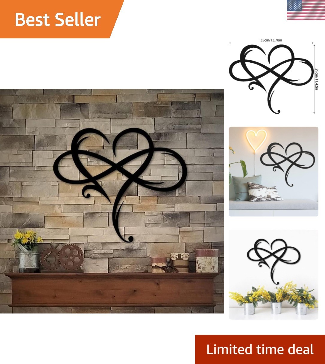 Infinity Heart Metal Wall Art – Elegant Love Sign for Home Décor 13.8"x11.4"