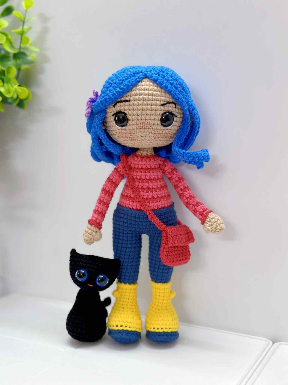 Halloween Crochet Doll with Black Cat Handmade Amigurumi Plush Gift