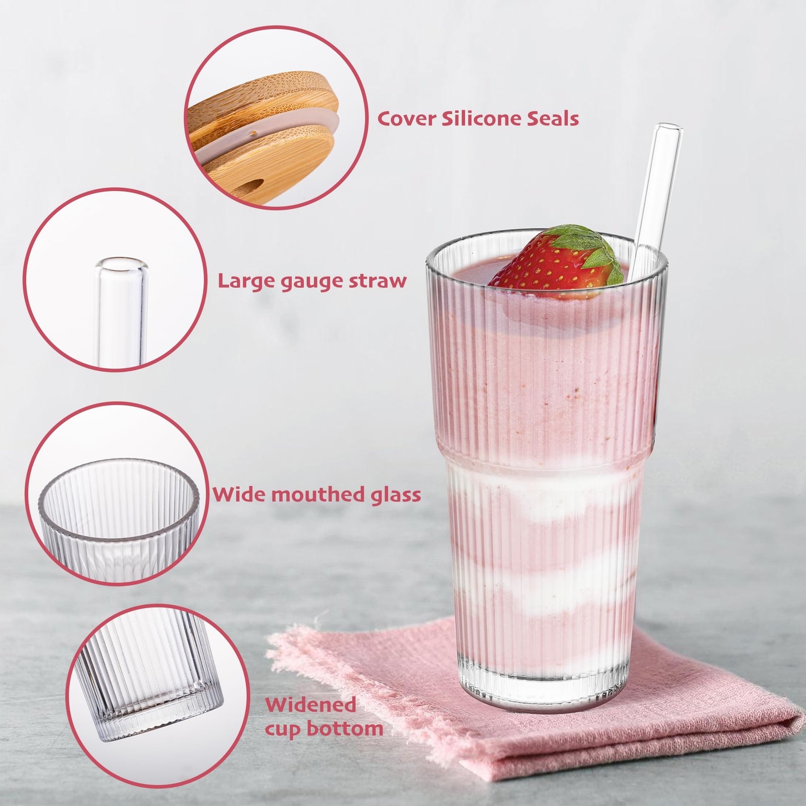 20 oz Ribbed Glass Tumblers with Bamboo Lids and Straws, 2 Pcs Wide Mouth Thi…