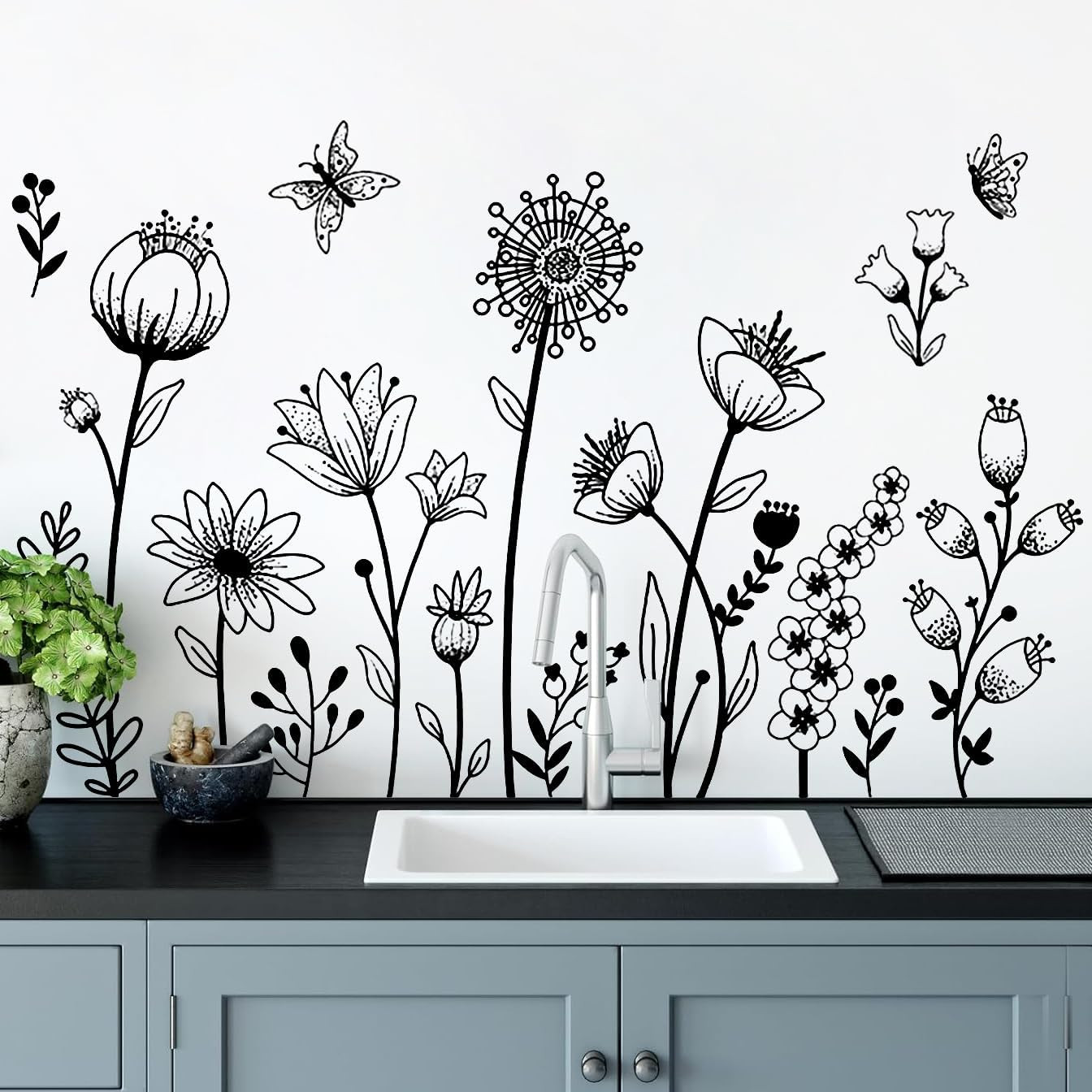 Black Flower Wall Decals Peel and Stick Simple Boho Flower Wall Sticker Wildflow