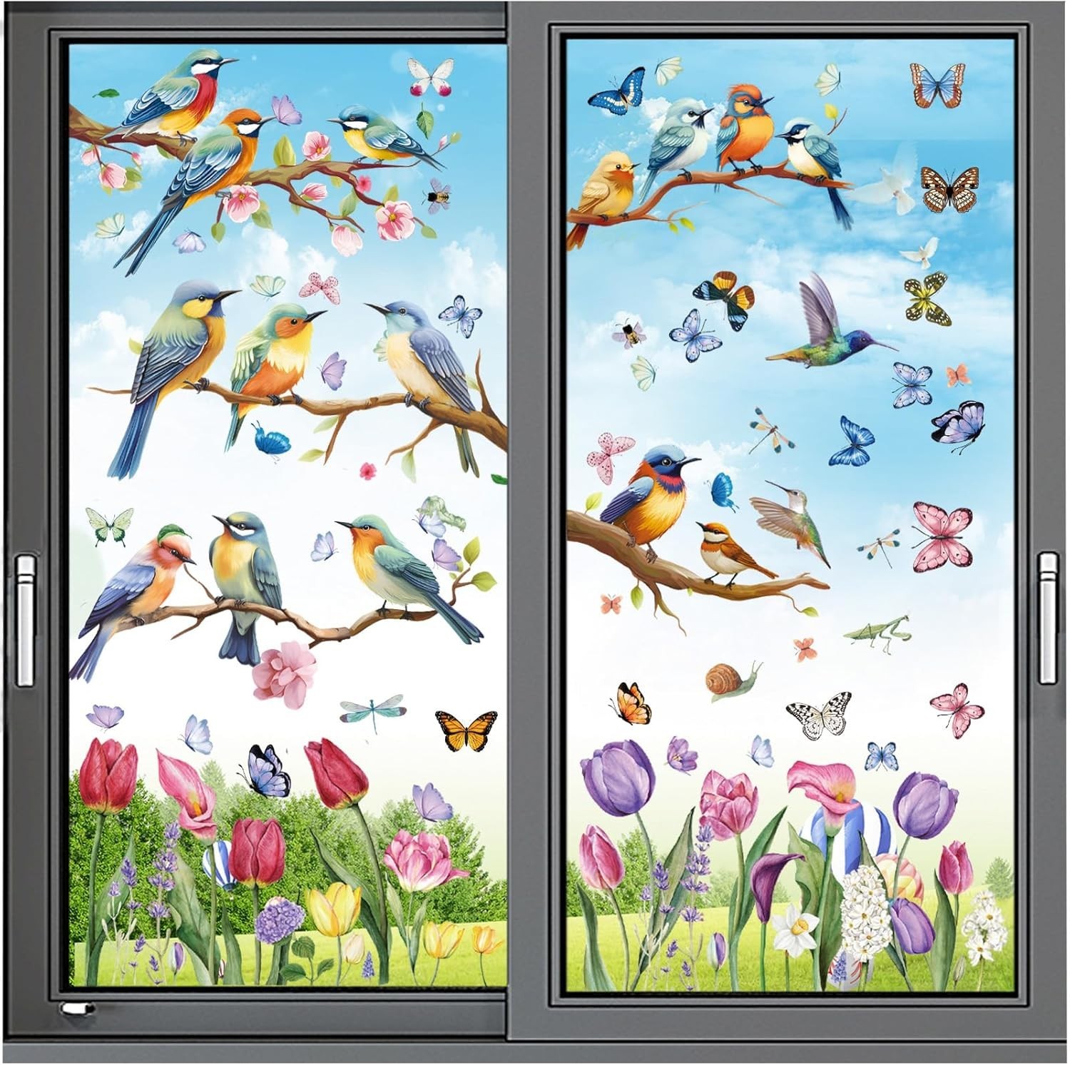 Spring Window Cling Sticker – 78PCS Tulip Butterfly Flower Hummingbirds Windo…