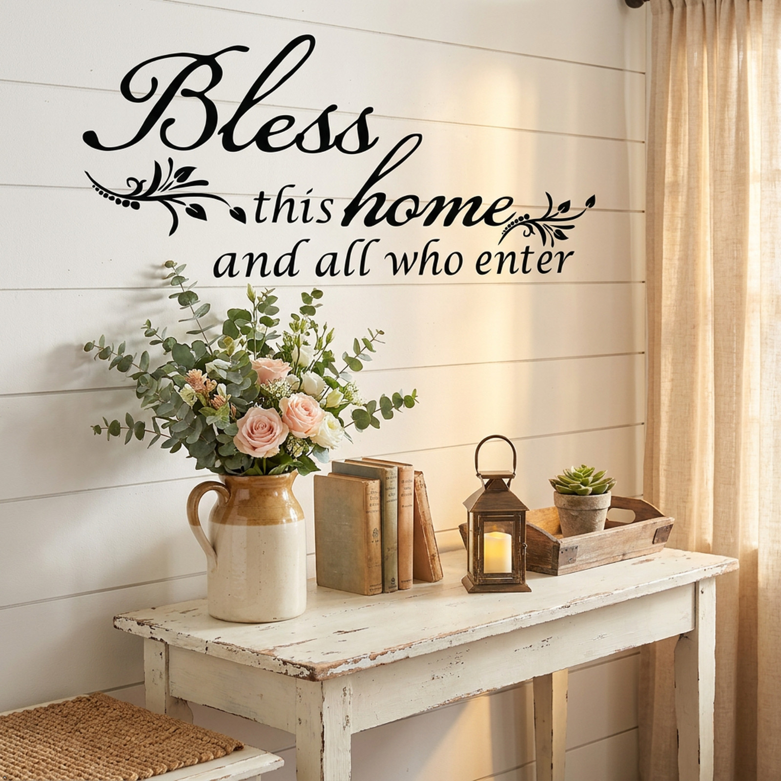 Bless This Home and All who Enter Vinyl Wall Decal Entryway Living Bible Verse