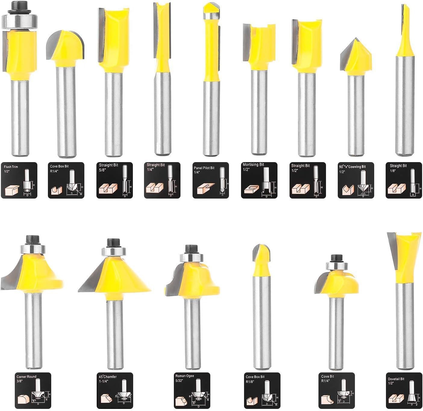 Router Bits Set of 15 Pieces Woodworking Tools for Beginners 1/4 Inch
