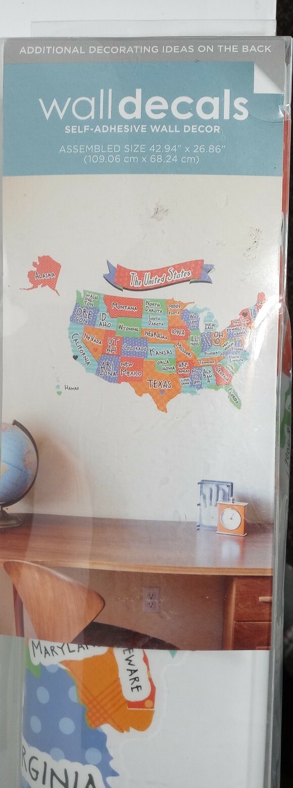 New United States Map Vinyl Wall Decal Decor Bright Colors 42" x 26" NIB