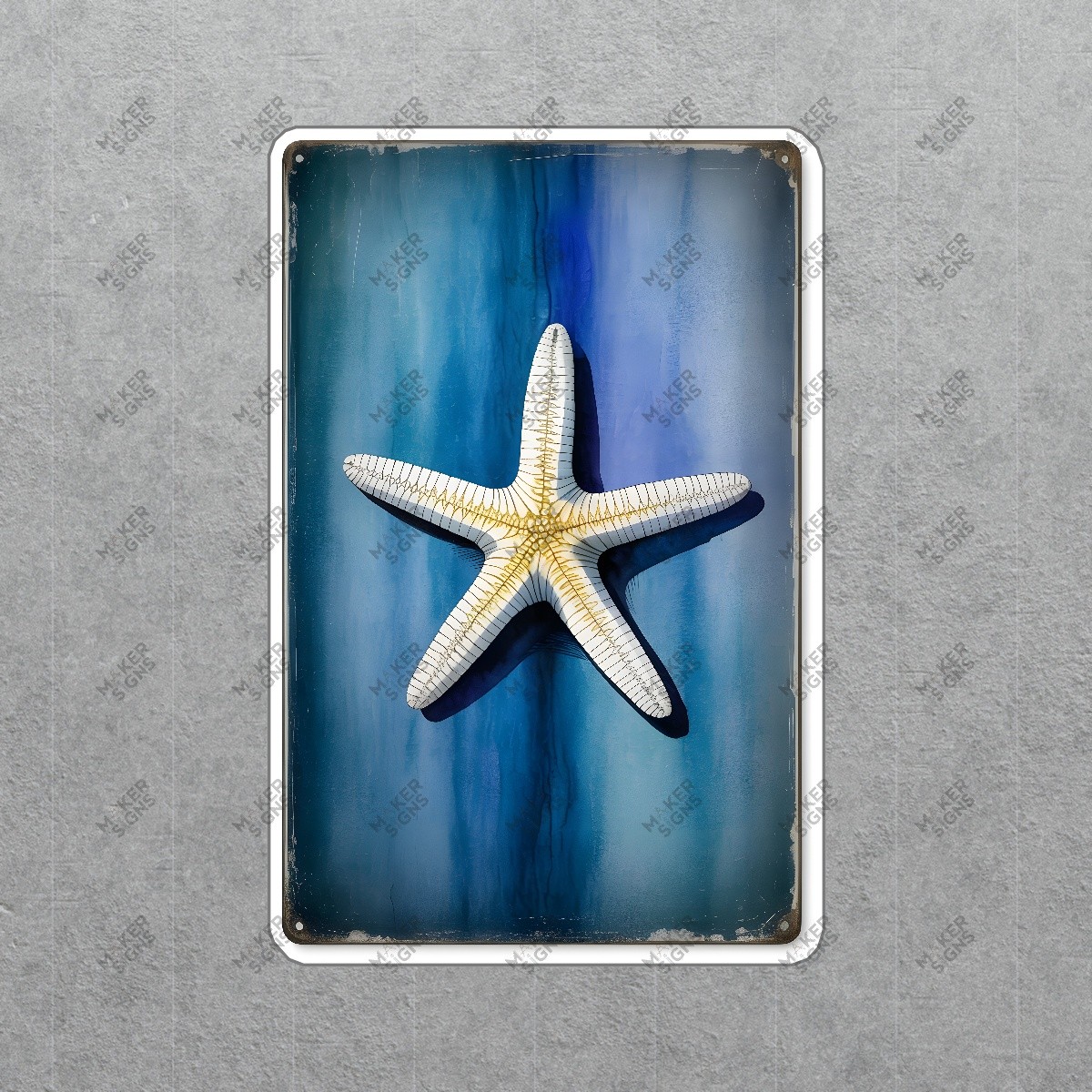 Beautiful White Starfish Wall Art on Textured Blue Background Coastal #8040
