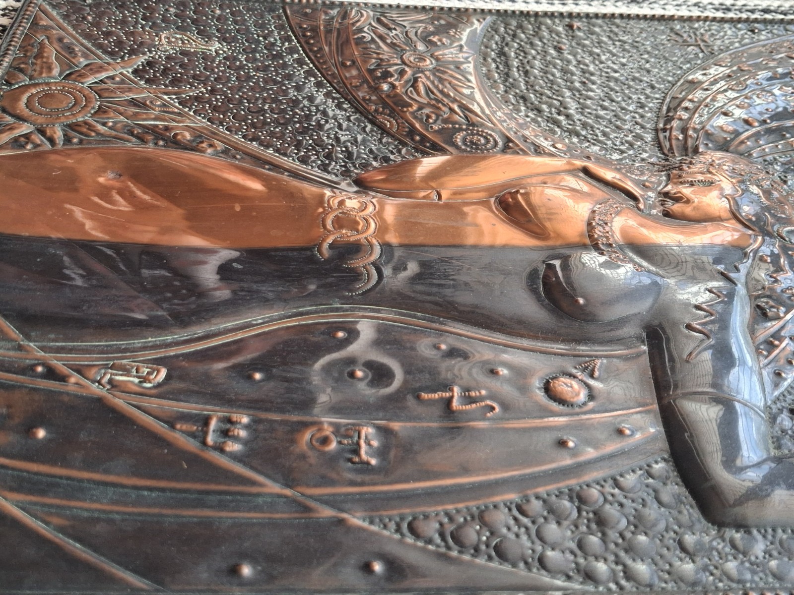 Art Deco Style Copper Wall Plaque Female Figure Celestial Repoussé Panel