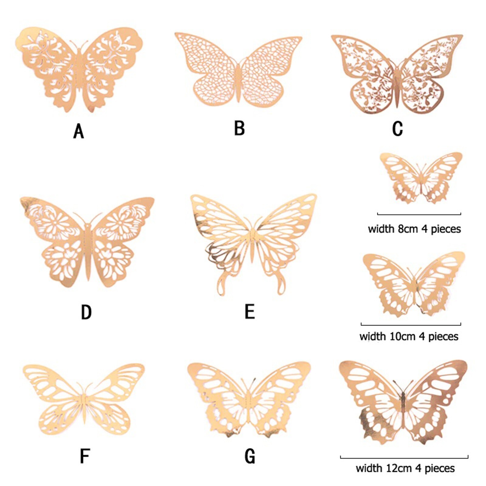 12 pcs 3d cute rose, silver, and gold butterfly wall decor, party, wedding, diy