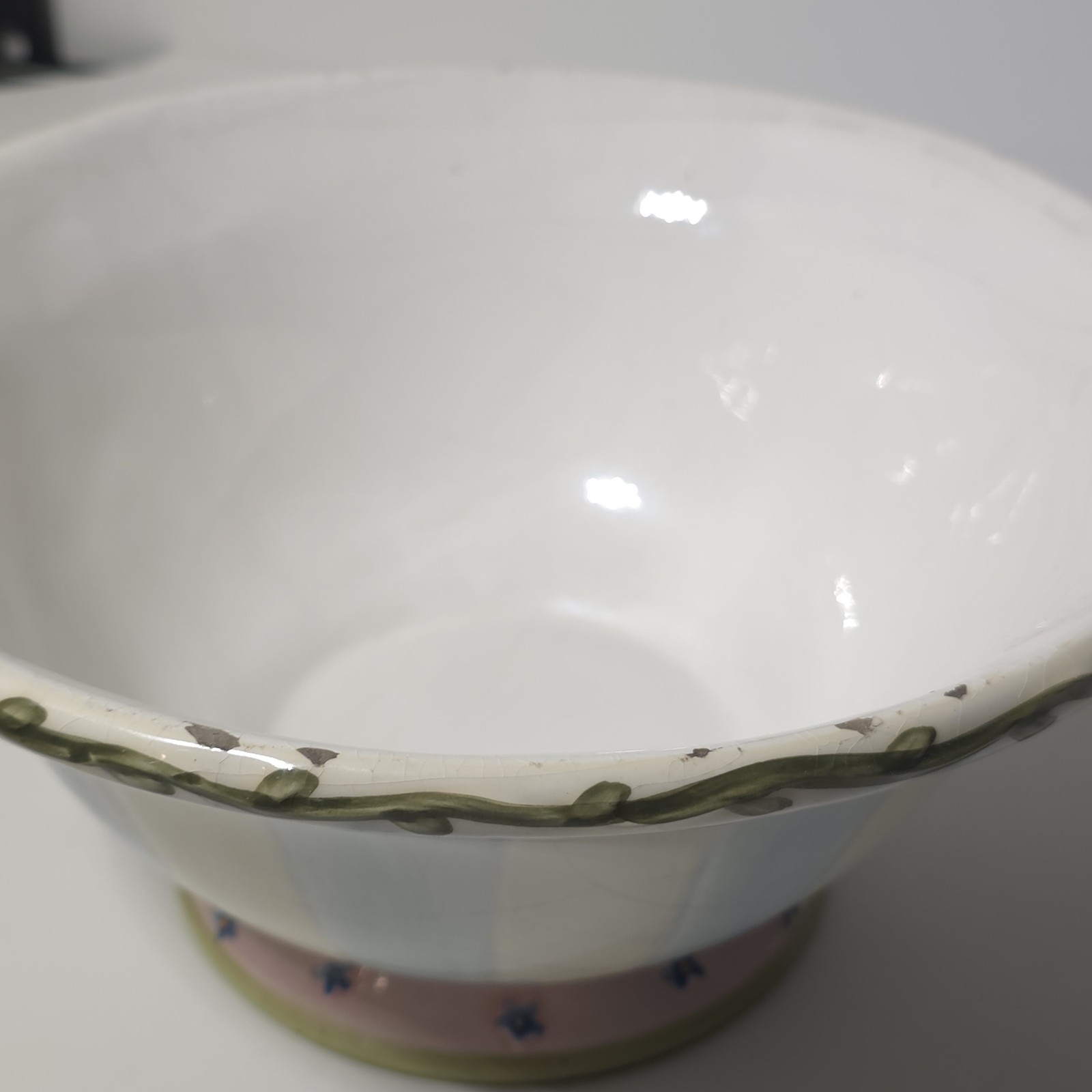 Vintage Cottagecore Pink Rose Blue Striped Footed Ceramic Serving Bowl 9" x 4"