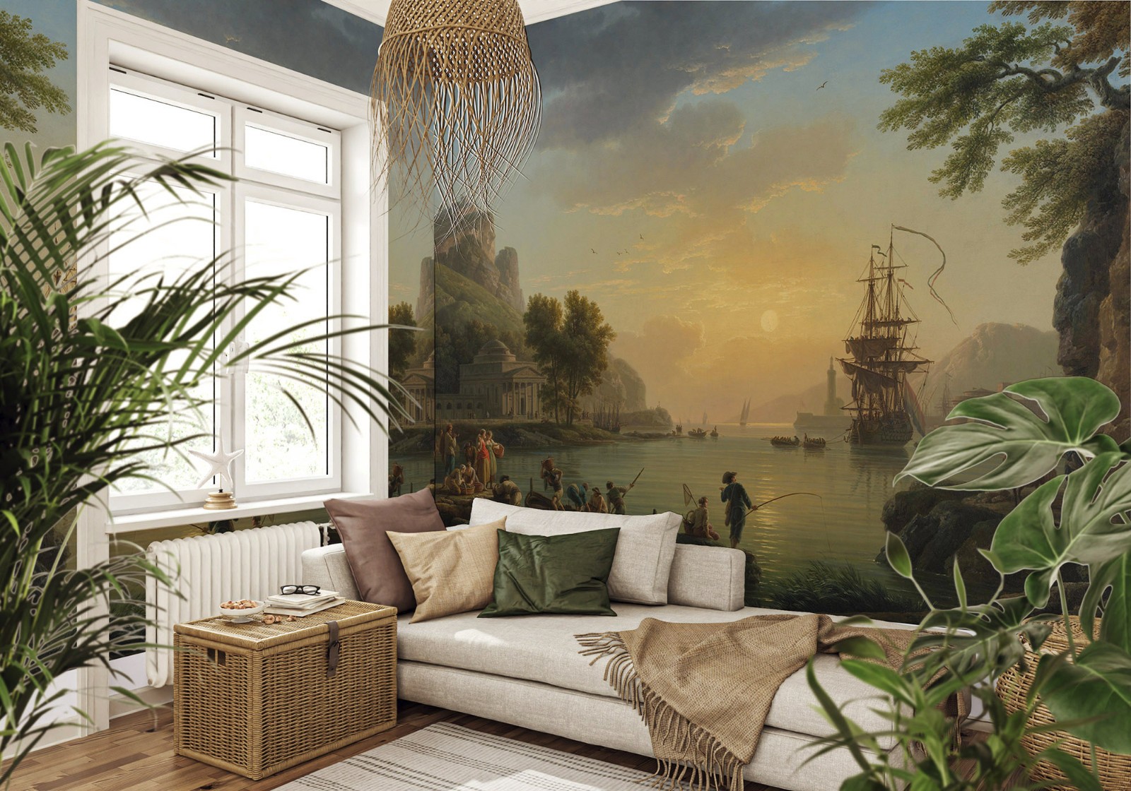 Sunset Coast & Sailboat Wallpaper, Classical Painting. Wall Decal, Tapestry