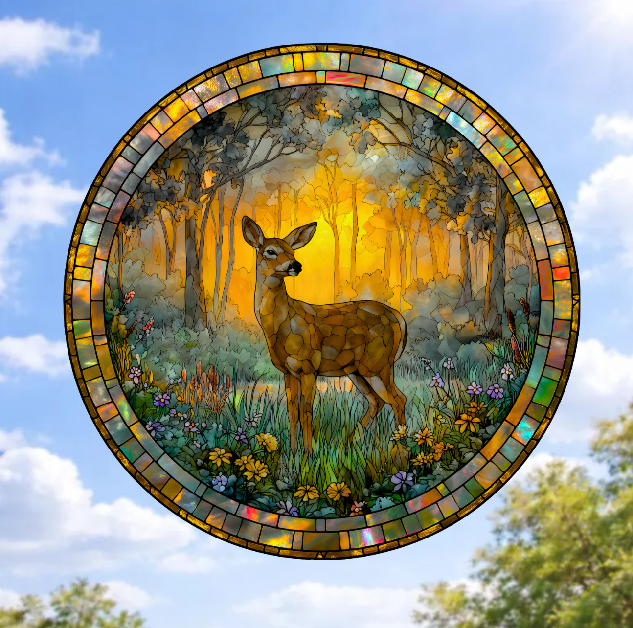 Deer Faux Stained-Glass WINDOW CLING Size 8" Round, Repositionable Vinyl