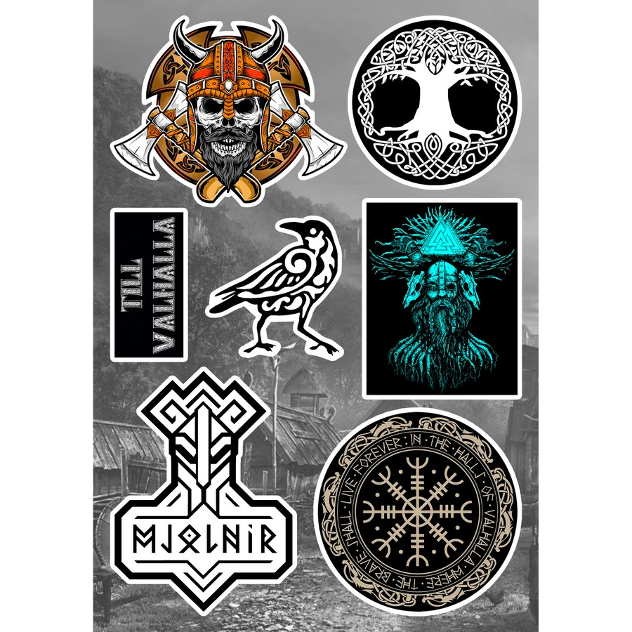 Viking Norse Mythology Stickers Vegvisir Mjolnir Thor Hammer Valhalla Odin Raven