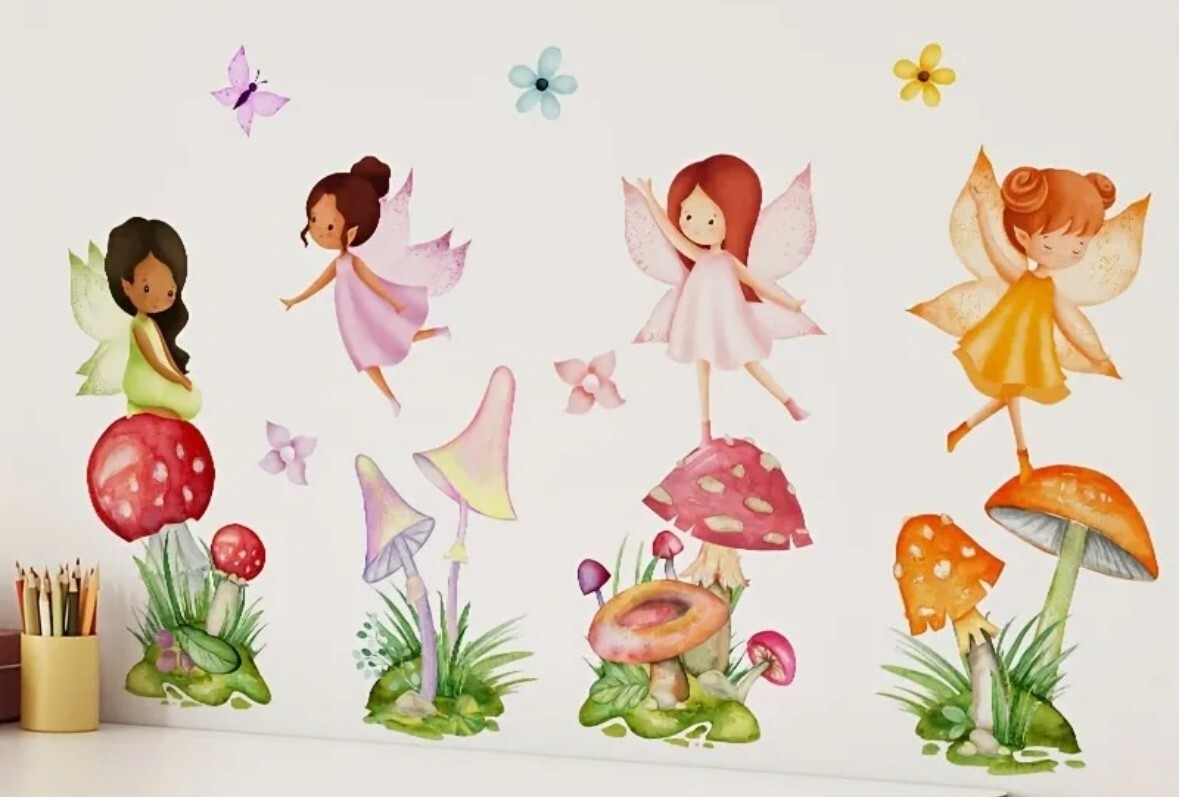 Children's Removable Wall Decals Magical Colorful Woodland Fairies Toadstools