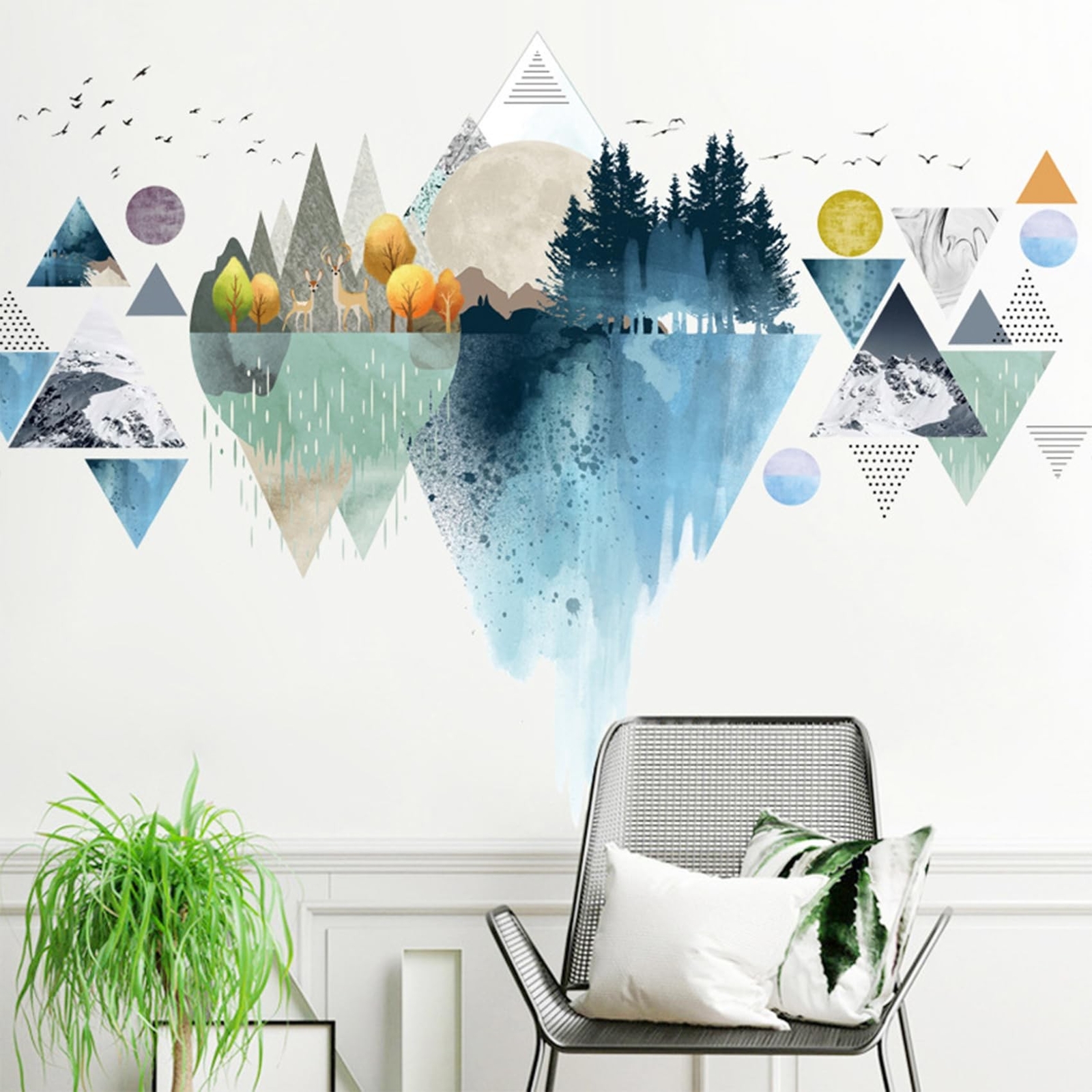 Nordic Geometric Wall Stickers, Removable DIY Mountain Reflection Wall Decal …