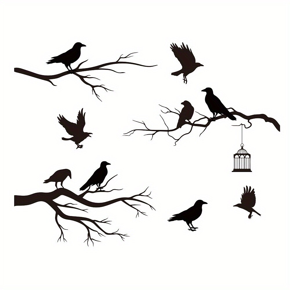 1pc Raven Tree Wall Decal Bird Standing on the Treetop Wall Stickers Birdcage