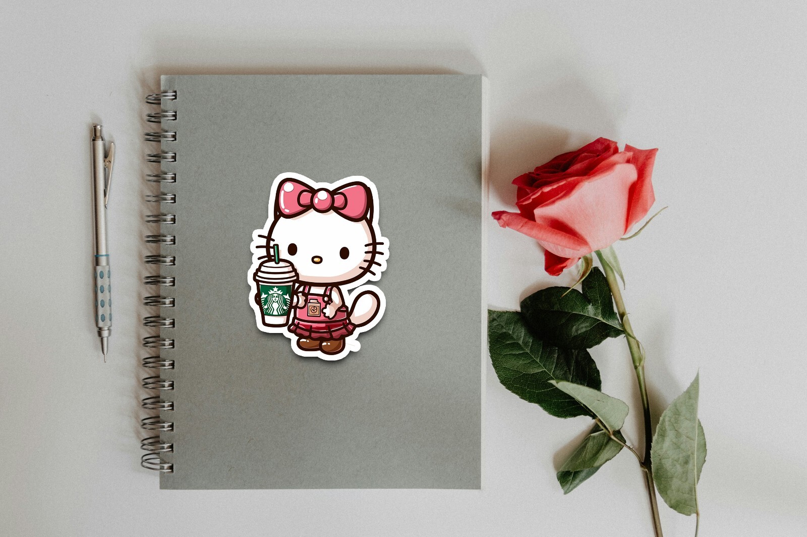 Kitty with Starbucks Sticker, Cute, Waterproof, Laptop, Water Bottle, Die Cut