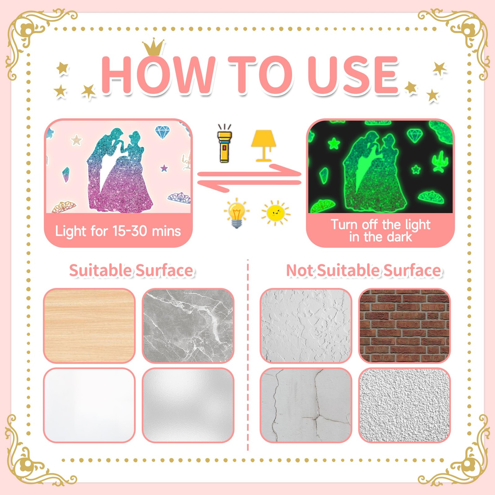 Glow in The Dark Princess and Crown Wall Decals, Glitter Stars Stickers for B…