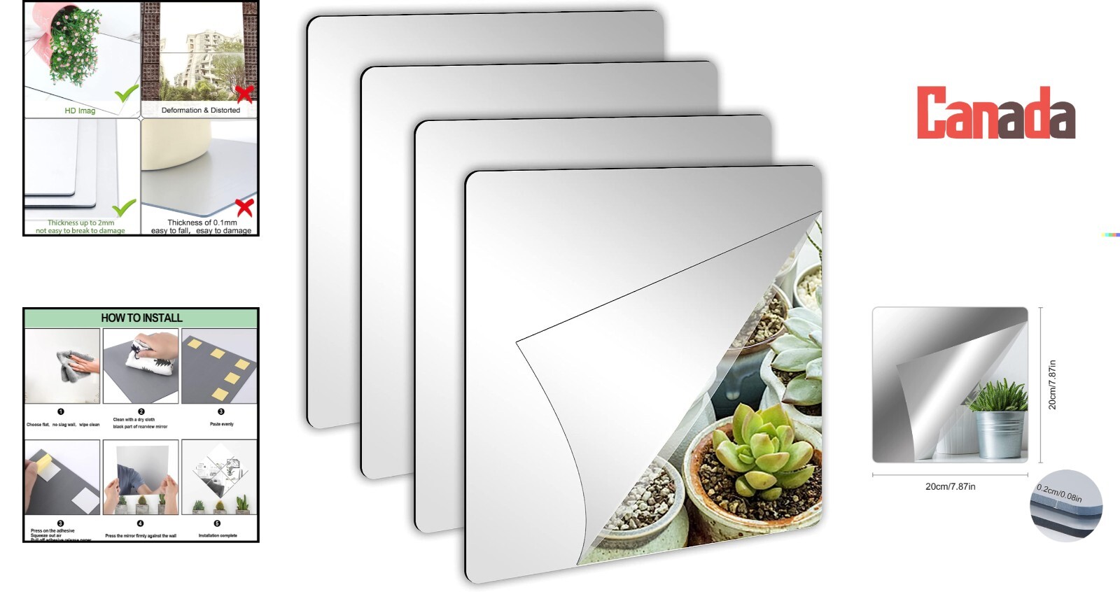 Self Adhesive Acrylic Mirror Tiles – Frameless, 2MM Thick – 4 Pack 8×8 Inches