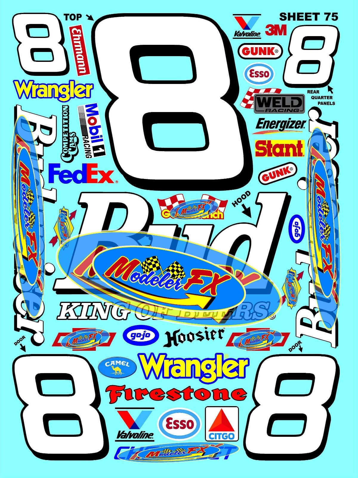 WHITE Vinyl Sticker Sheet 75-R/C MODEL Decal fits 1/10-1/16 ScaleEARNHARDTRACING
