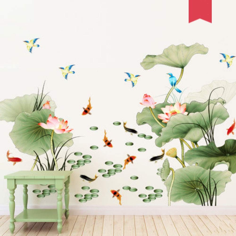 Lotus Flower Bird Fish Wall Decor Decal Sticker,Living Room PVC Mural Decorat…