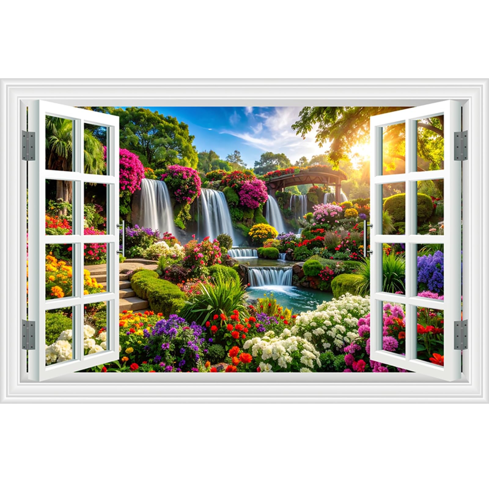 Fake Window Wall Sticker Decals- Morning Garden Flowers Waterfall Natural Sce…