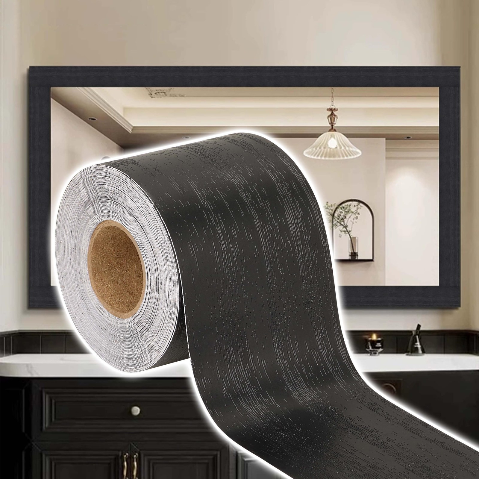 10M Black Mirror Border Wood Grain Wallpaper Bathroom Mirror Border Tape Remo…