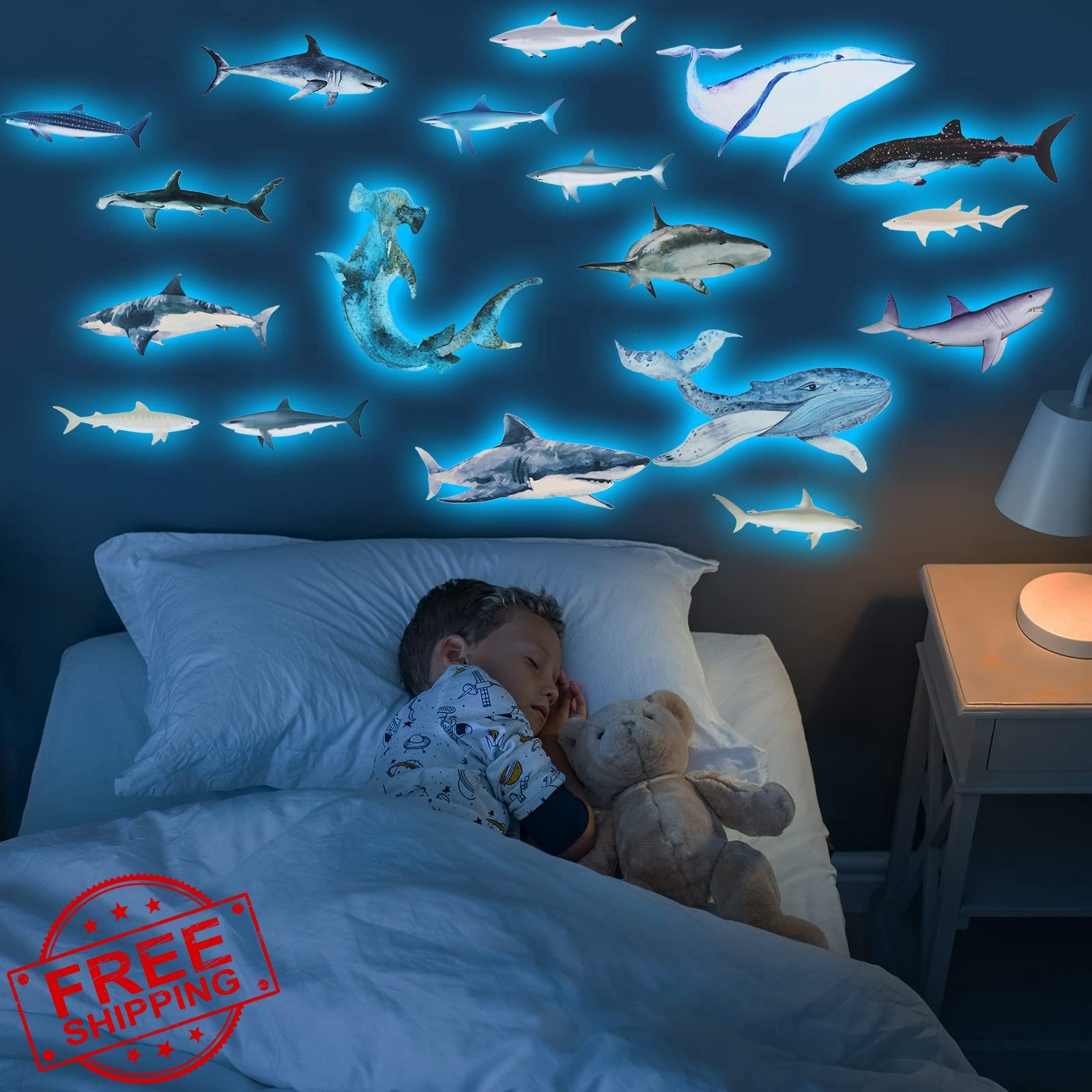 18pcs Glow Shark Wall Decals Removable Nursery Decor Stickers